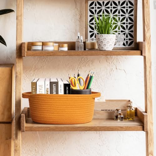 Image of Small Orange Woven Gift Basket, Baskets for Gifts Empty, Cotton Rope Cat Dog Toy Bin Box, Baby Nursery Organizer, Easter Basket with Handle, Shelf Storage Bin, Orange Room Decor, 12 inchx 8 inchx 5 inch