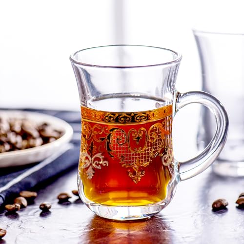binsakao Turkish Tea Glasses Set of 6 - Gold Moroccan Tea Cups with Handle - Stemmed Glass Coffee Cups for Hot & Cold Drinks 5 oz by binsakao - Image 4