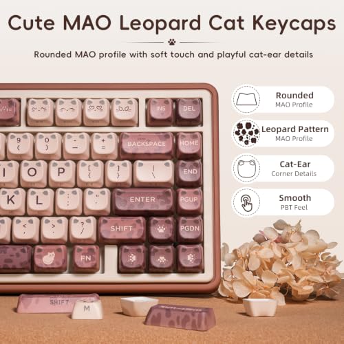 Image of ZORNHER UR82 Mechanical Keyboard,75% Wireless Creamy Gaming Keyboard with Cute Leopard Cat Kawaii Glowing Kitty Ear Mao Keycaps, Aesthetics Compact Brown Keyboard for Home Office,Coffee Brown