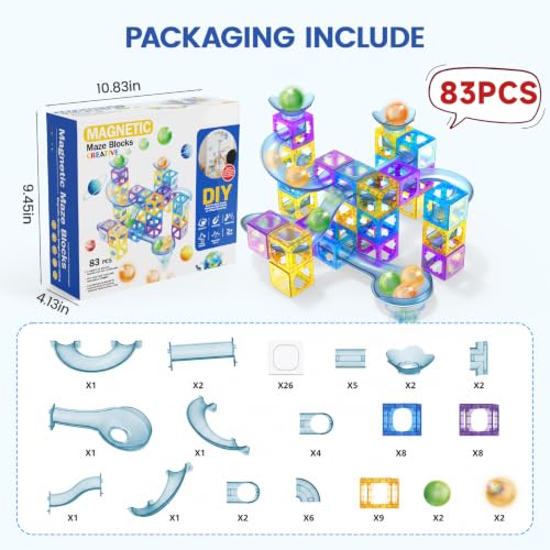 Hugeway 83Pcs Marble Run with Race Track Rolling Ball Set with Magnetic Bracks,Tiles and Marble Tracks,3-in-1 Building Blocks Kit,STEM Learning Toy Gift for Indoor Activity Boys Girls Aged 3+ Kids. - Image 6