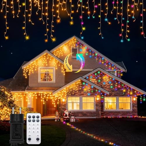BESCOST Guirlande Noël Exterieur 10m 400 LED, Rideau Lumineux Exterieur Multicolore et Blanc Chaud, 11 Modes avec Télécommande RF, Idéal pour Jardin, Patio, Fête Noël (Blanc Chaud + RVB)