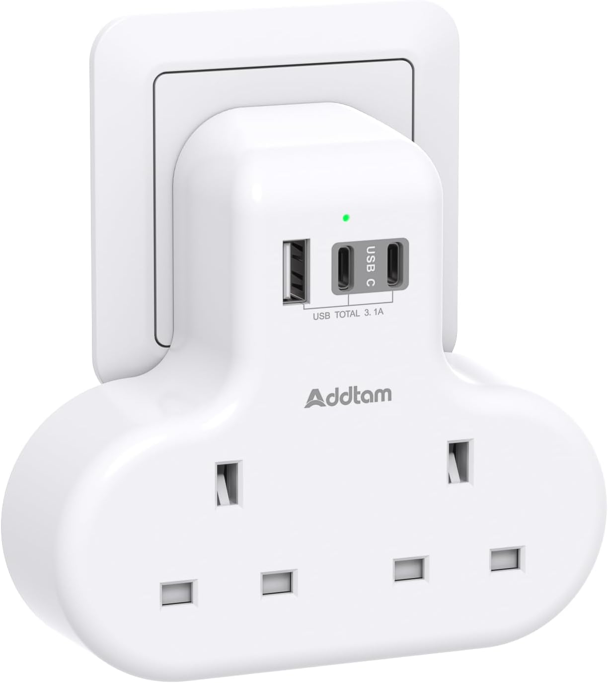 Addtam Double Plug Extension with 3 USB Ports (2 USB-C), 2 Way Multi Plug Adaptor, 13A UK 3 Pin Socket Extension for Home, Office, Travel and School Supplies