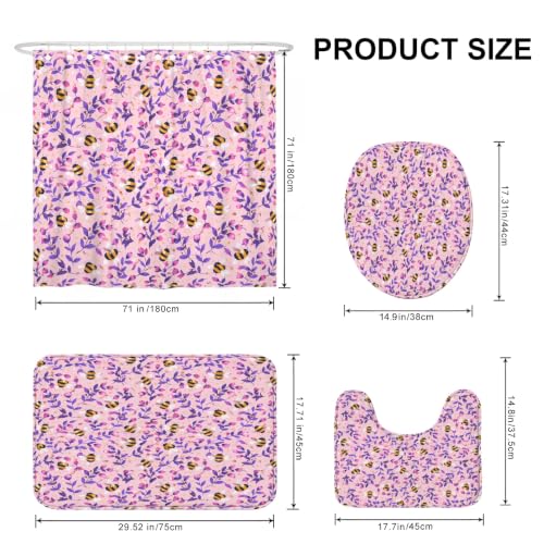 Rideau de douche motif abeille et fleur de pêche en polyester lavable avec tapis assorti