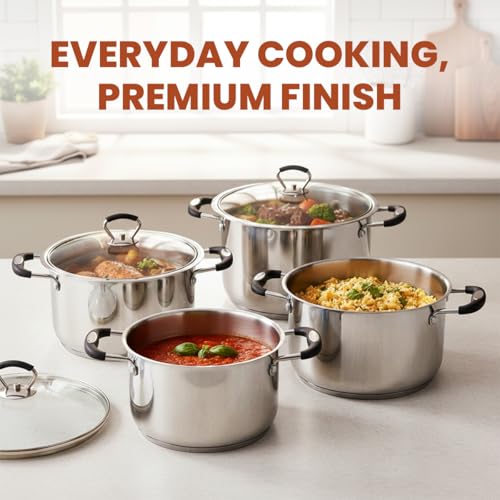 Stainless Steel Stock Pot Cooking Pot Set with Glass Lids | Induction Hob Pot/Casserole Cookware Set for Gas, Electric & Ceramic Hobs 20cm 3.2L, 22cm 4.3L, 24cm 5.6L, 26cm 7.2L (Set of 4) - Image 5