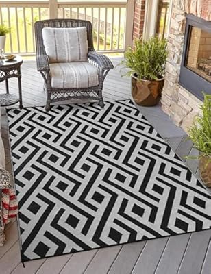 5x8 Outdoor Patio Rug with Carry Bag, Waterproof Outdoor Plastic Straw Rug RV Camping Rug, Reversible Picnic Mat Outside Carpet for Backyard, Porch, Balcony, Deck, Black & Light Grey