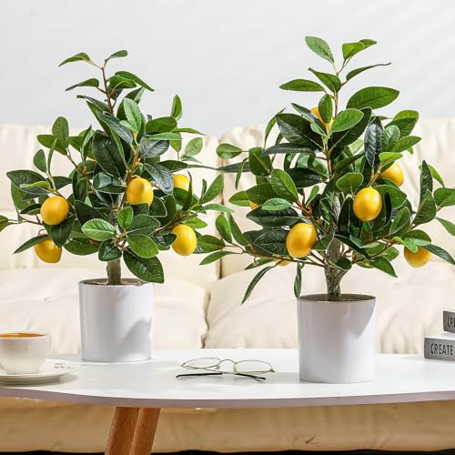 Giegxin 2 Pcs Artificial Lemon Tree 15.7 Inches Fake Artificial Potted Plants Faux Lemon Citrus Tree...