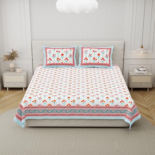 Image of DE CAMA Since 1997 | 100% Cotton 300 TC Premium King Size Bedsheet for Double Bed (90 x 108 Inch) with 2 Pillow Covers Set (17 x 27 Inch) Hand Block Printed Bedsheet Set - Orange