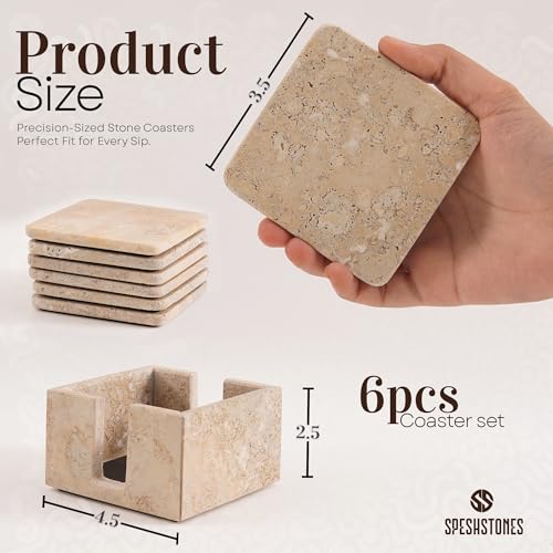 SPESHSTONES Marble Coasters Set of 6 Handmade Square 3.5 Inch Travertine Coaster for Drinks with Holder - Ideal Stone Drink Coasters for Coffee Bar Accessories, Gifts, Dining Table & Home Décor by SPESHSTONES - Image 6
