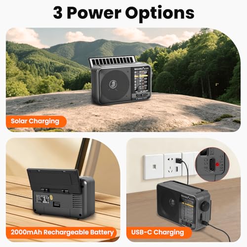 Image of Solar-Powered Portable Radio, AM /FM /SW Radio with Loud Speaker, Built-in Rechargeable Battery and USB-C - Emergency Radio for Outdoor, Camping, Travel, Storms and Power Outages (Model BJL-671-Solar)