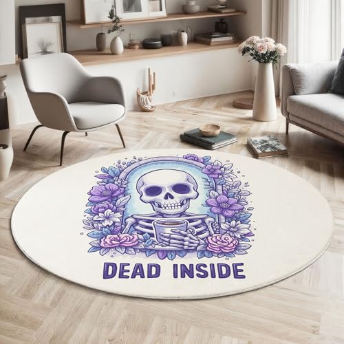 Tapis rond fleur de crâne dessin animé lavable beige