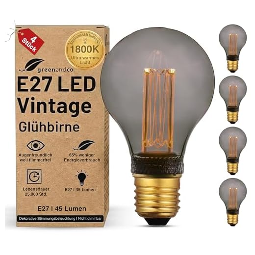 4x greenandco® Vintage Design LED Lampe zur Stimmungsbeleuchtung E27 A60 Edison Glühbirne 2W 45lm 2000K smoke extra warmweiß 320° 230V flimmerfrei nicht dimmbar 2 Jahre Garantie