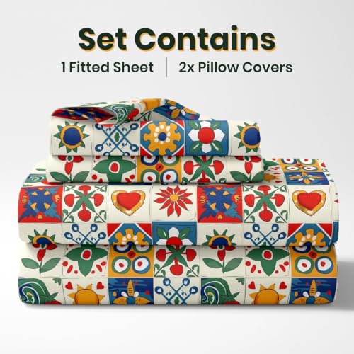Image of LORETO - A QUALITY LINEN BRAND 144 TC 100% Pure Cotton King Size Fitted Bedsheet with 2 Pillow Covers for 72 x 72 Inch Mattress, All-Around Elastic, 8 Inch Deep Pocket, Cherry Red & Cobalt Blue