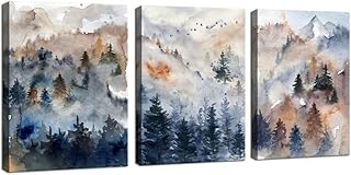 Forest Wall Art for Bedroom,Watercolor Abstract Forest Canvas Print Set of 3 ,Foggy forest Trees Woodland Nature Landscape Pictures ,Modern Home Decor Artwork Framed for Bathroom Nursery Living Room Kitchen Wall Decor 12"x16"x3