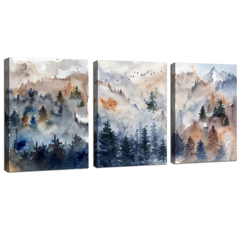 Forest Wall Art for Bedroom,Watercolor Abstract Forest Canvas Print Set of 3 ,Foggy forest Trees Woodland Nature Landscape Pictures ,Modern Home Decor Artwork Framed for Bathroom Nursery Living Room