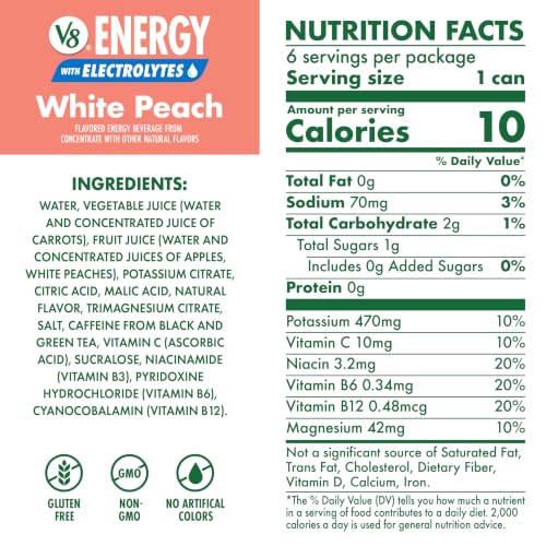 Image of V8 Energy with Electrolytes White Peach Energy Drink, 8 Fl Oz Can, 6 Pack (24 Pack)