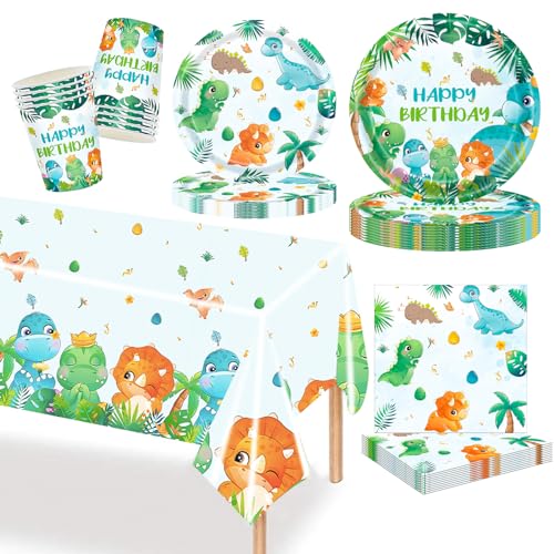 MORAINJAY Ensemble de Vaisselle de Fête Dinosaure 97 Pièces, Assiettes, Tasses, Serviettes, Décoration de Table et Accessoires pour Anniversaire Enfant,...