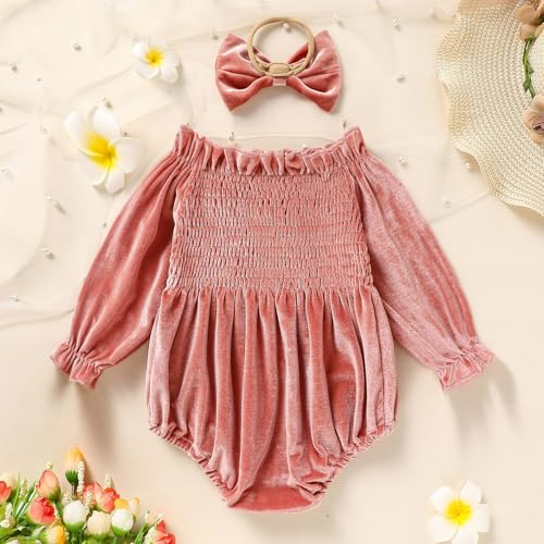 GRNSHTS Baby Girl First Birthday Clothes Velvet One Year Old Romper Long Sleeve Bodysuit+Headband 2Pcs Cake Smash Outfits3