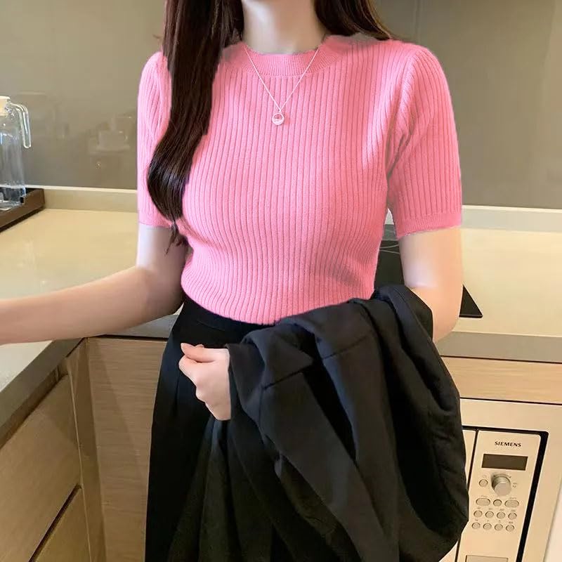 Image of Istyle Can Women Ribbed Slim Fit Top | Stretch Cotton Knit Crew Neck T-Shirt | Solid Casual Short Sleeve Tee for Office, Layering