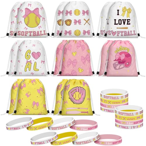 Equsion 32 Pcs Pink Bow Softball Goodie Bags for Girls Party Favor Set