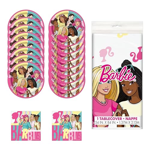 Barbie Theme Party Solutions - 33 Piece Unbeatable Value Bundle with Official Licensed Products for Kids Birthdays & Anniversaries + Bonus Party Supplies