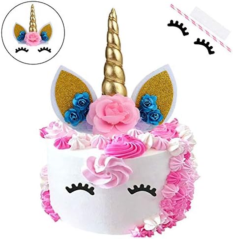 Zoint Unicorn Cake Topper with Eyelashes Unicorn Cake Decoration for Birthday Party, Wedding and Baby Shower (Blue Flower)