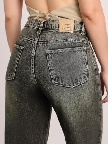 Image of Urbano Fashion Women's High Rise Straight Fit Washed Jeans Non-Stretchable