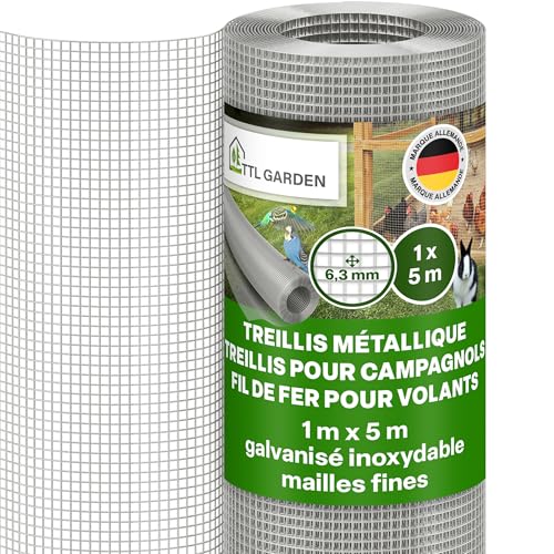 TTL GARDEN Grillage métallique galvanisé inoxydable 1 m x 5 m Maille fine 6,3 mm Épaisseur du fil 0,55 mm Sur rouleau Grillage pour volière Grillage de lapin anti-campagnols 5 m x 1 m Largeur des