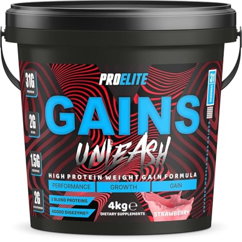 Weight Gainer High Protein Powder Shakes 4KG Vegetarian Serious Mass, Gainz Heavyweight, Weight Gain with Added Creatine, Glutamine and BCAA Powder Made in UK by PROELITE (4KG, Strawberry)