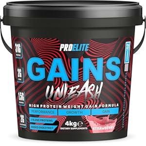 Weight Gainer High Protein Powder Shakes 4KG Vegetarian Serious Mass, Gainz Heavyweight, Weight Gain with Added Creatine, Glutamine and BCAA Powder Made in UK by PROELITE (4KG, Strawberry)