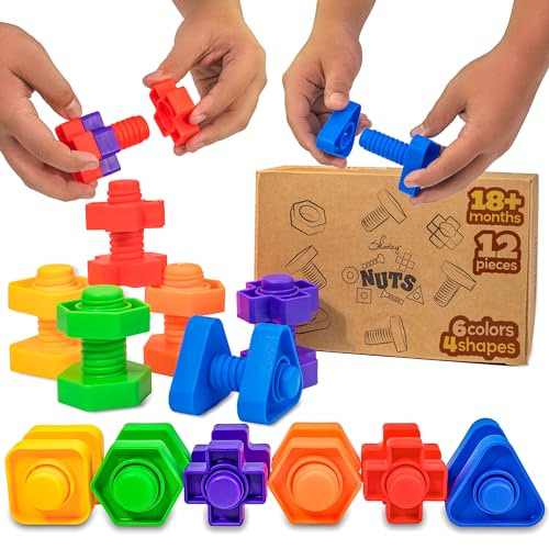 Image of Skoolzy Toddler Toys, 12 Pc Jumbo Nuts and Bolts for Kids, 18 Month Old Toys, Montessori Toys for 2+ Year Old, Toddler Travel Toys, Fine Motor Skills Toys for 2 Year Old