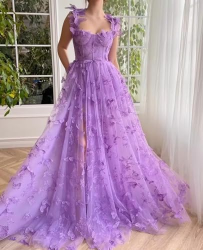 Long Tulle Prom Dress with 3D Butterflies Sexy Slit Ball Gown Evening Dresses Party Wedding Formal Dress 20243