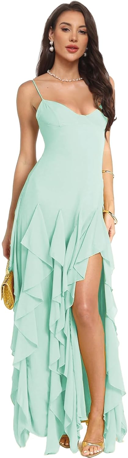 Ruffles Prom Dress with Slit Spaghetti Straps V Neck Backless Pleated Tiered Chiffon Bridesmaid Dresses for Wedding