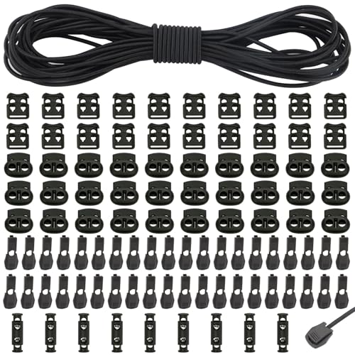 Cordón de Goma Elástico de 10 m de 3 mm,Cuerda de Goma Redonda,con 60 Cerraduras Elásticas 40 Clips de Cordón, Cordón Elástico de Goma para Mochilas, Zapatos, Ropa, Sombreros, etc