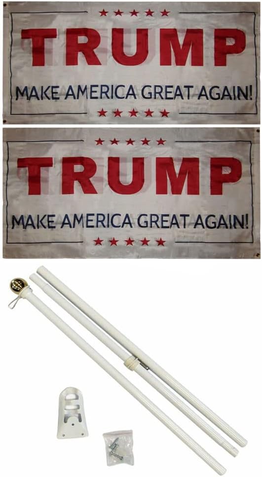 AES Trump White 3'x5' Polyester 2 Ply Double Sided Flag with 6' White Flag Pole Kit with Ball Topper