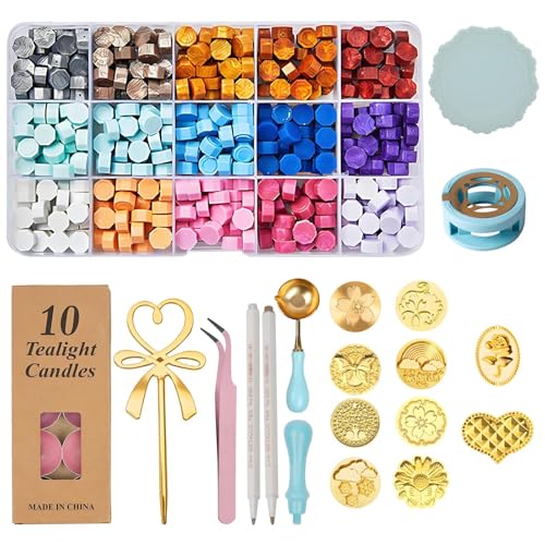 560Pcs Wax Seal Kit 15 Colors Sealing Wax Beads Complete Set with Wax Warmer Spoon Candles Metallic Pens and Stamp Mat Perfect for Vintage Envelopes Letters Wedding Invitations & Crafts Decor
