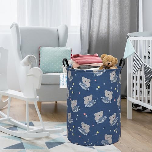 Image of Round Laundry Basket Collapsible Storage Hamper Organizer Space Koala | Waterproof Canvas Foldable Baskets with sturdy Handles Multi-scene Organizer for Home Play Bedroom Gift Bin