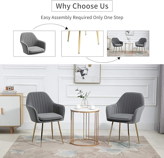 Image of Grey Velvet Chair for Home | Modern Accent Armchair in Soft Velvet Fabric with Golden Legs | Set of 2 Premium Accent Chair for Living Room Bedroom Restaurent | Grey, 2 pc