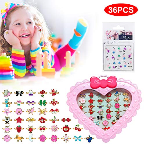 36PCS Kid Jewelry Rings Little Girls Rings with Nail Sticker in Box, Adjustable