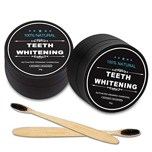 2-Pack Activated Charcoal Teeth Whitening Powder Natural Coconut Teeth Whitener with Bamboo Brush