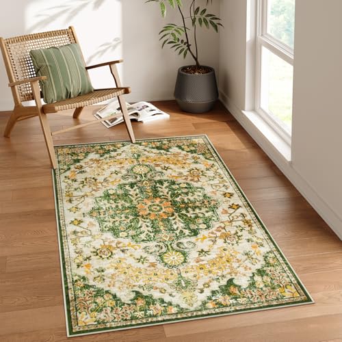 Lahome Bohemian Floral Medallion Area Rug - 3x5 Soft Rug for Bedroom Living Room Mat, Cute Washable Indoor Floor Throw Carpet for Office Entry Way Apartment Dressing Room RV, Yellow/Green/Mu