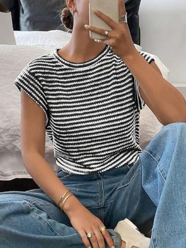Image of Jawdrobe Women's Striped Western Top Round Neck Cap Sleeve T-Shirt for Women