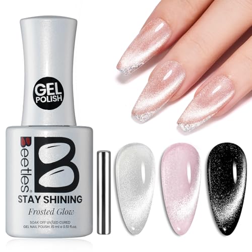 Image of Beetles Stay Shining Silver Cat Eye Gel Nail Polish - 15ML Frosted Glow Silver Glitter Cat Eye Gel Polish with Magnet Soak Off UV Velvet Nail Polish Salon DIY Manicure Gift for Women