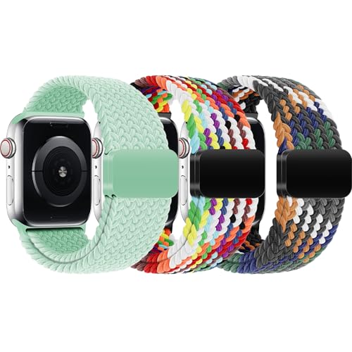 ZOOROO - 3 Pack Braided Magnetic Clasp Bands for Kids Apple Watch 38mm 40mm 41mm 42mm 44mm 45mm 46mm, Elastic Stretchy Strap Compatible with iWatch Series 10 9 8 7 6 5 4 3 2 1 SE SE2 Girls Boys Small Wrist