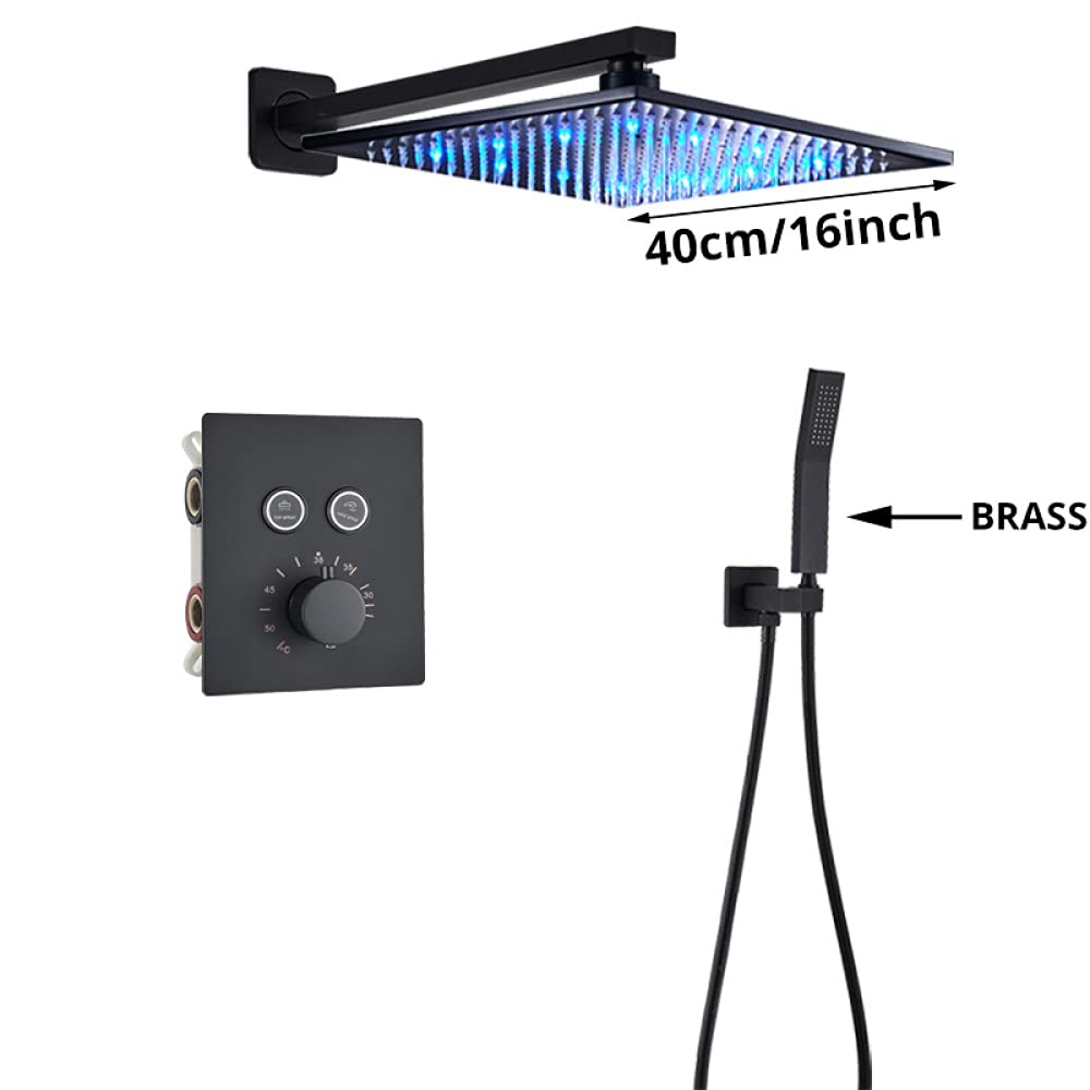 Luksusowa czarna bateria prysznicowa termostatyczna do łazienki deszczownica bateria ścienna do wanny zestaw prysznicowy ścienny A 3W 16" sufitowy,2-drożny 16-calowy
