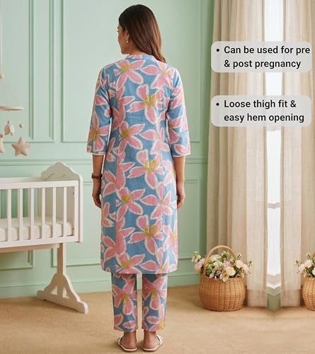 Image of DUMMY SHAPE Feeding Kurtis for Women Cotton Blend | Floral Kurta Pant Dupatta Set with Nursing Zippers to Pre & Post Partum | Maternity Dresses | Mom to Be Gifts for Pregnant Woman
