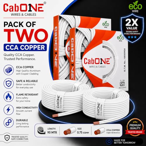 Image of CabONE 0.75 SQ.MM FR PVC Insulated Copper Electrical Wire, 90 Meter (White, Pack of 2) | ISI Marked Fire Retardant Single Core Cable for Home Wiring