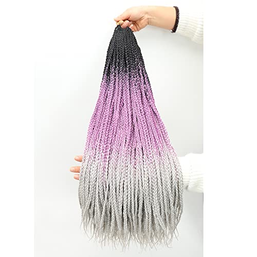 Ombre Box Braids Crochet Hair 24 Inch Medium Crochet Braids Pre-Looped Ombre Goddess Box Braid Kanekalon Synthetic Hair Extensions For Women (132 Strands/Lot,Black-Purple-Gray) #TOP7