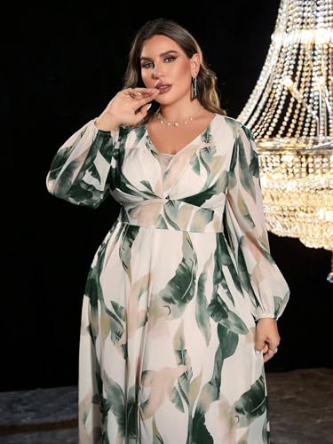 Image of Spring Summer 2024 Plus Size Womens Dresses V Neck Casual Elegant Long Sleeve Floral Print Maxi Dress