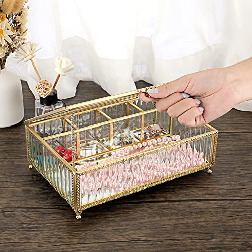 Elldoo Golden Vintage Jewelry Box Mirrored Glass Box, Floral Border Keepsake Box With Clear Glass Lid Rectangle Jewelry Organizer Storage Trinket Display Case For Girls, 5 Compartment #TOP3