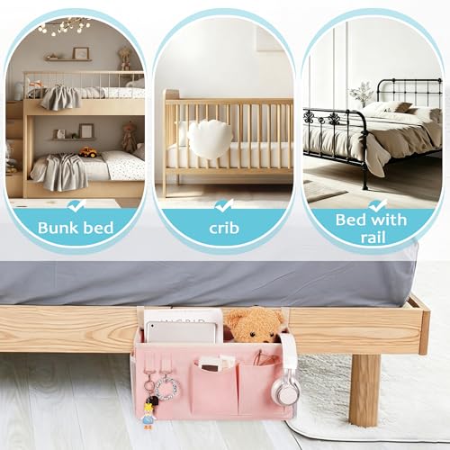Image of Loghot Bedside Caddy /Bedside Storage Bag Hanging Organizer for Bunk and Hospital Beds,Dorm Rooms Bed Rails,Can be Placed Glasses,Books,Mobile Phones,Keys (Light Pink)